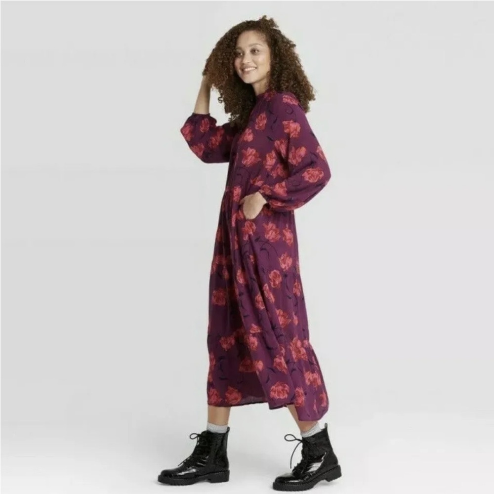 A New Day Floral Balloon Sleeve Tiered Midi Dress